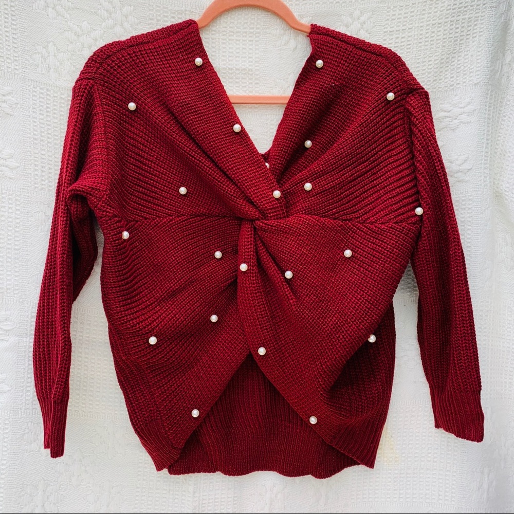 Pearl Detail Burgundy Knit Sweater Sz M